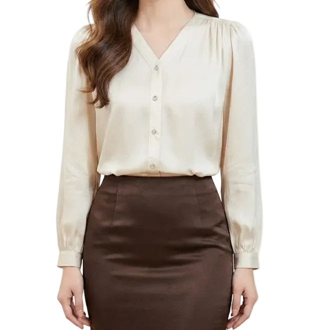 Trendy & Timeless Long Sleeve V-neck Pleated Blouses for Women - B15-TOP-66