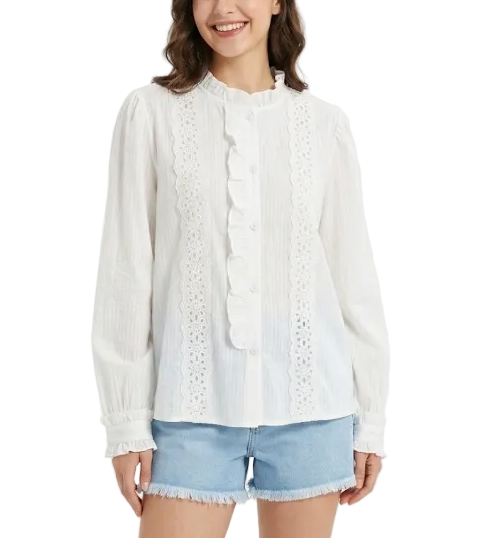 Trendy & Timeless Self-Stripped Long Sleeve Ruffled Laced Blouses for Women - B6-TOP-B816