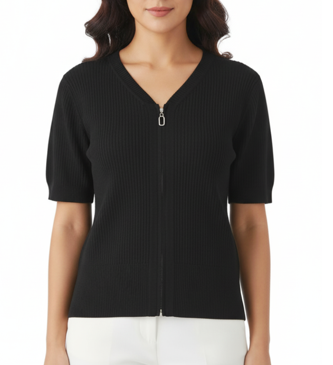 Trendy Double Zipper Short Sleeve Thin Ice Silk Women's Top Blouse - B6-TOP-B611