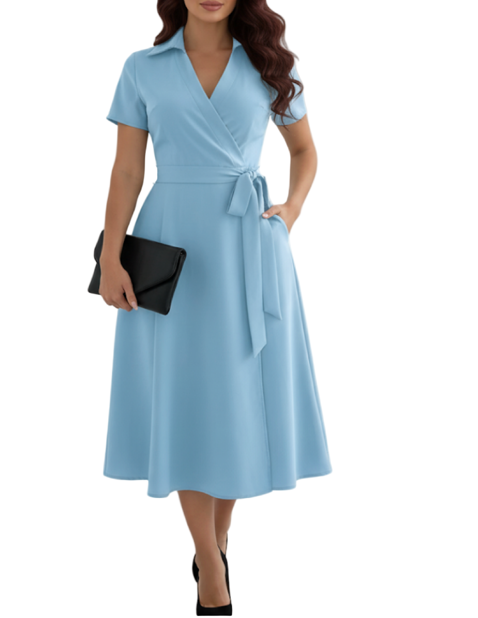 Trendy & Timeless V-neck Slim-Waist Belt A-line Dress for Women- DRESS-B02