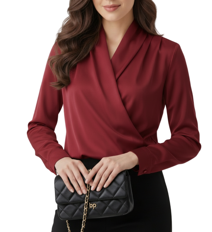 Trendy & Timeless Versatile V Neck Long Sleeve Pullover Silk-Satin Blouses- SM8-TOP-49