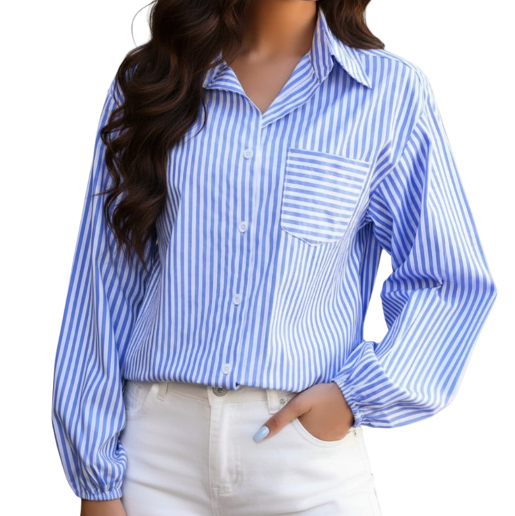 Trendy & Timeless Women's Long Sleeve Collar Striped Shirt TOP-B1-BL-259