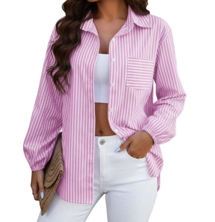 Trendy & Timeless Women's Long Sleeve Collar Striped Shirt TOP-B1-BL-259
