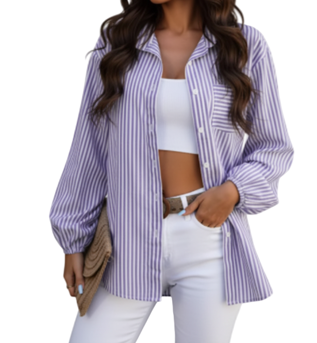Trendy & Timeless Women's Long Sleeve Collar Striped Shirt TOP-B1-BL-259