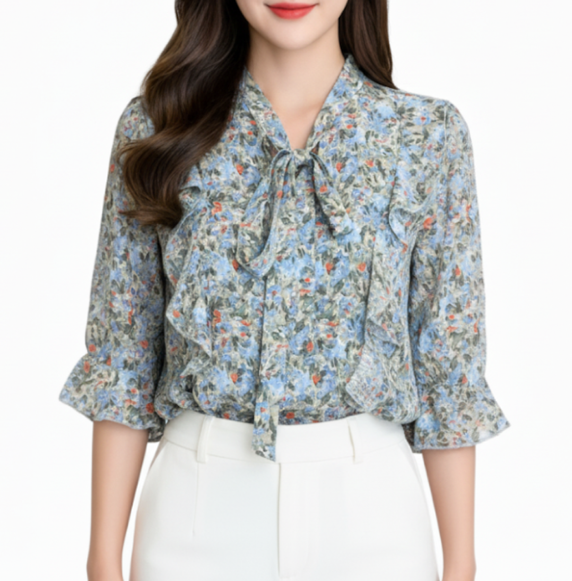 Women’s Floral Printed Blouse with Flare Half Sleeve Bow Collar – BL57