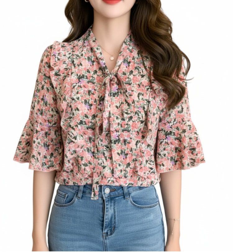 Women’s Floral Printed Blouse with Flare Half Sleeve Bow Collar – BL57