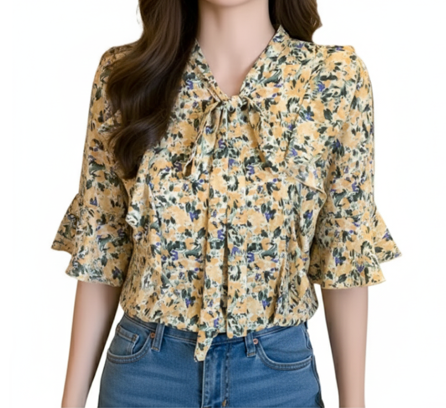 Women’s Floral Printed Blouse with Flare Half Sleeve Bow Collar – BL57