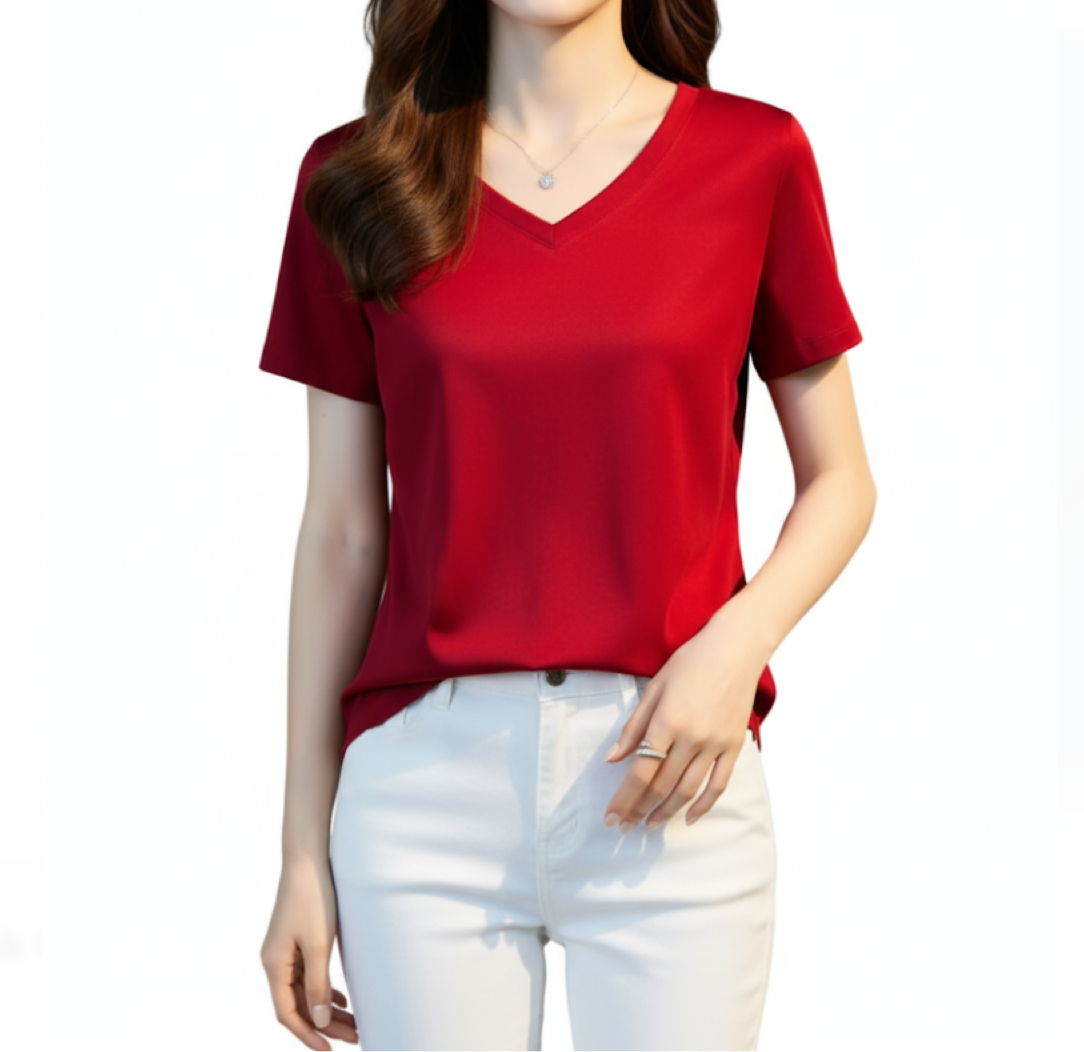 Women’s Mulberry Silk & Cotton V-neck Short Sleeve SHIRT-BL107
