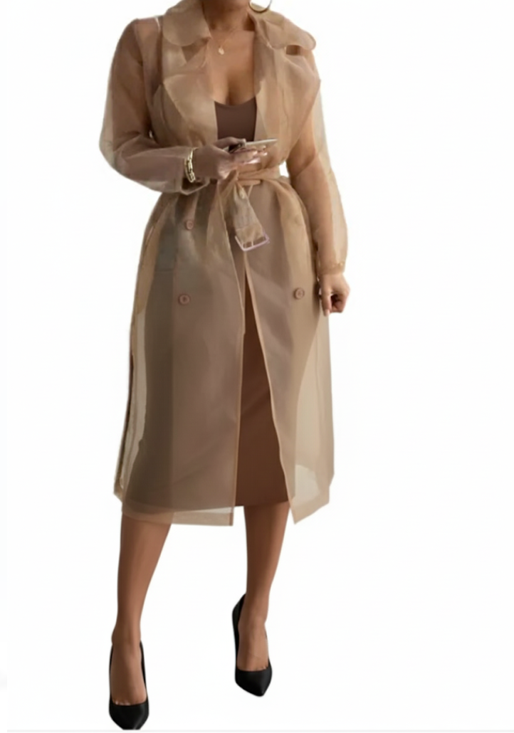 Women’s Stylist Transparent Puff Sleeve V-neck Waist Belt Cardigan Shirts Coat - BL33