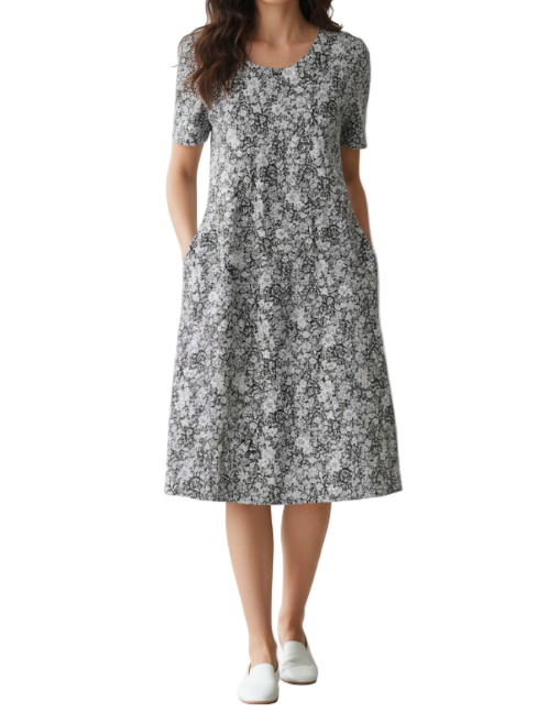 Floral Print Round Neck Pocket Dress for Women - Dress-B20