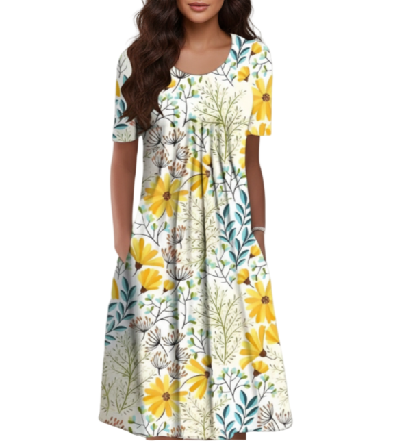 Floral Print Round Neck Pocket Dress for Women - Dress-B20