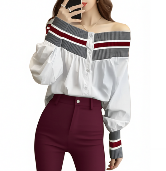Trendy & Elegant Striped Off Shoulder Women's Shirts - B6-TOP-B671