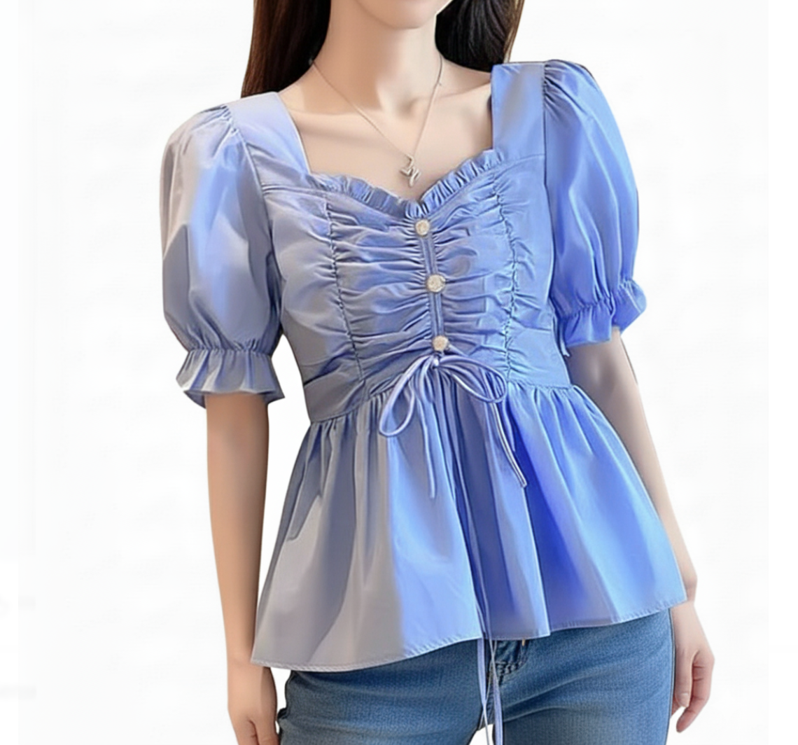 Square Neck-line Pleated front and Short Sleeve with Back Elastic Top for Women- BL51