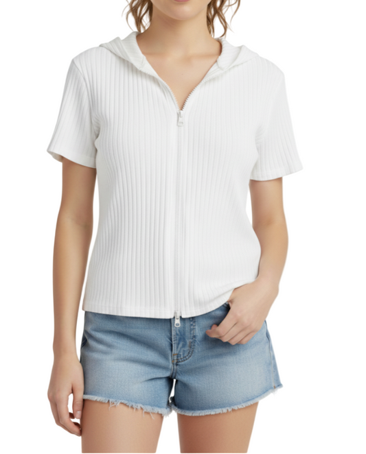 Trendy & Timeless Girl's Hooded Short-sleeve Zip-Up Front Closure Top SHIRT-BL121