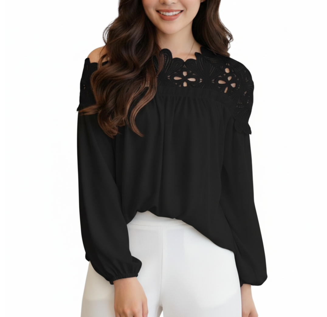 Trendy Lace Shoulder Long Puff Sleeve Blouse for Women -B1-TOP-BL406