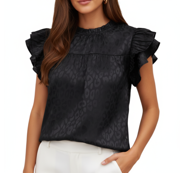 Trendy & Versatile Leopard Self-Print Ruffle Sleeve Wave Neck Blouse TOP-B1-BL-246