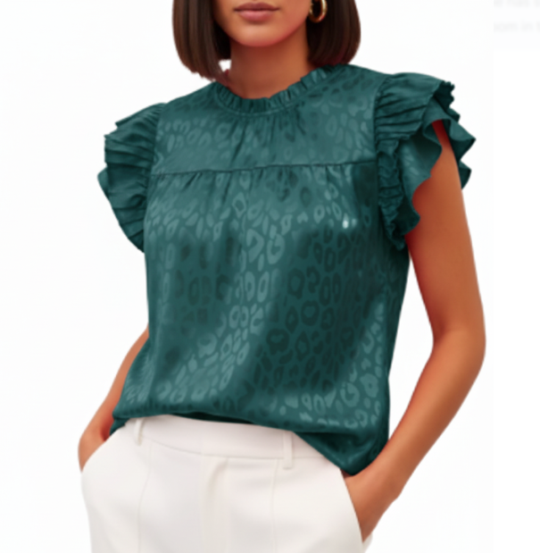 Trendy & Versatile Leopard Self-Print Ruffle Sleeve Wave Neck Blouse TOP-B1-BL-246