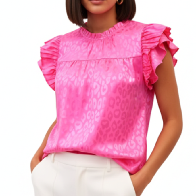 Trendy & Versatile Leopard Self-Print Ruffle Sleeve Wave Neck Blouse TOP-B1-BL-246