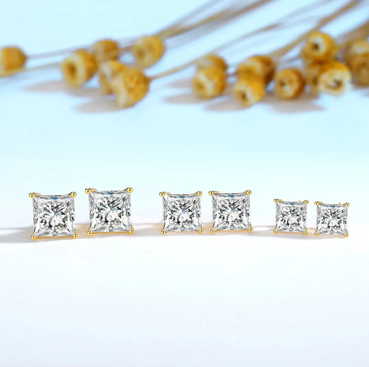 14K Gold with 1 Carat Princess Cut Moissanite Diamond Stud Earrings B1-G-ER-02-AAA