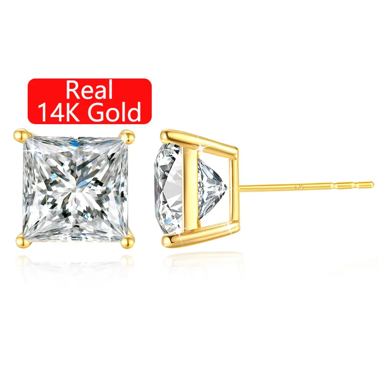 14K Gold with 3 Carat Princess Cut Moissanite Diamond Stud Earrings- B1-G-ER-02-CCC