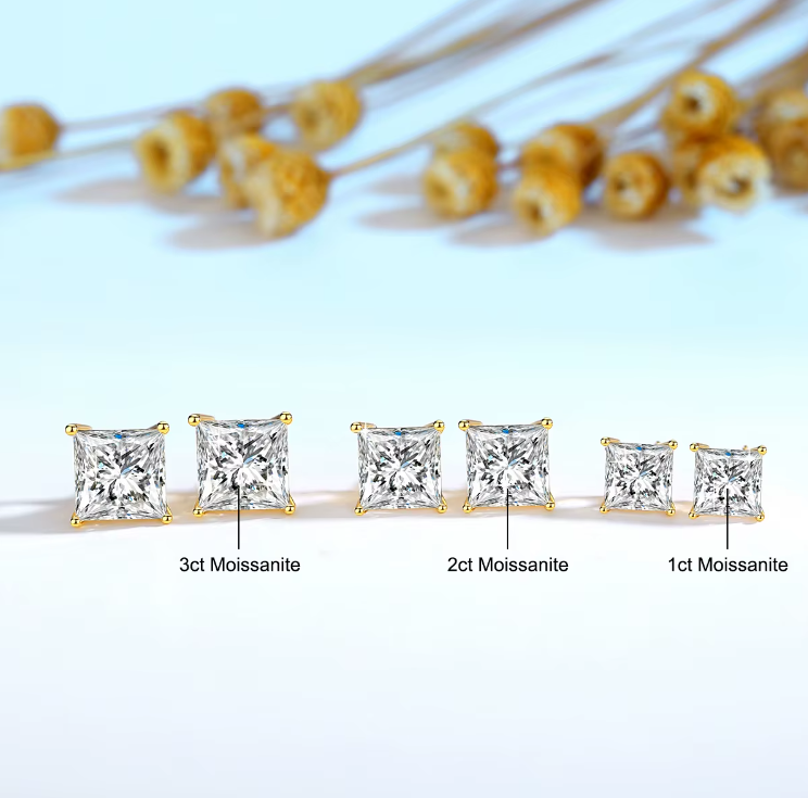 14K Gold with 2 Carat Princess Cut Moissanite Diamond Stud EarringsB1-G-ER-02-BBB