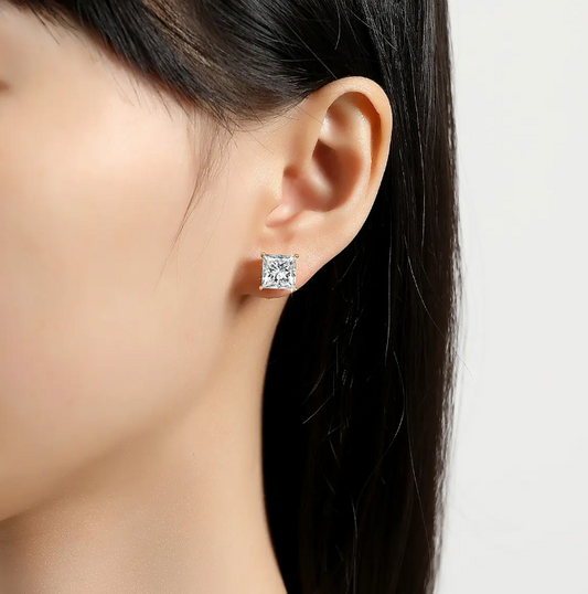 14K Gold with 2 Carat Princess Cut Moissanite Diamond Stud EarringsB1-G-ER-02-BBB