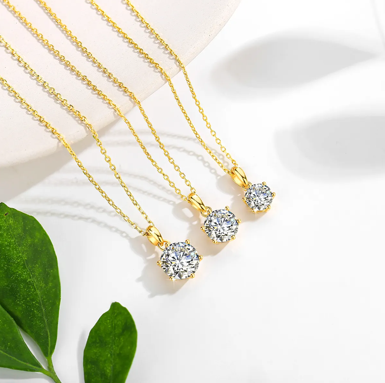 Classic & Timeless 6 Prongs Setting 14k Gold Hollow with Round Brilliant Cut 1CT/2CT/3CT Moissanite Pendant – B1-GNC-07