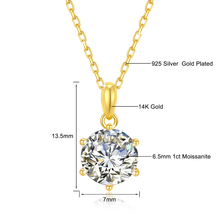 Classic & Timeless 6 Prongs Setting 14k Gold Hollow with Round Brilliant Cut 1CT/2CT/3CT Moissanite Pendant – B1-GNC-07