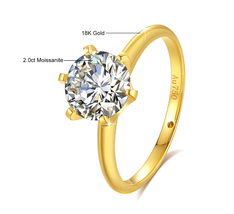 Real 18k Gold Hollow with 2.0 Carat Round Brilliant Cut Moissanite Diamond Engagement Ring B1-GR-03