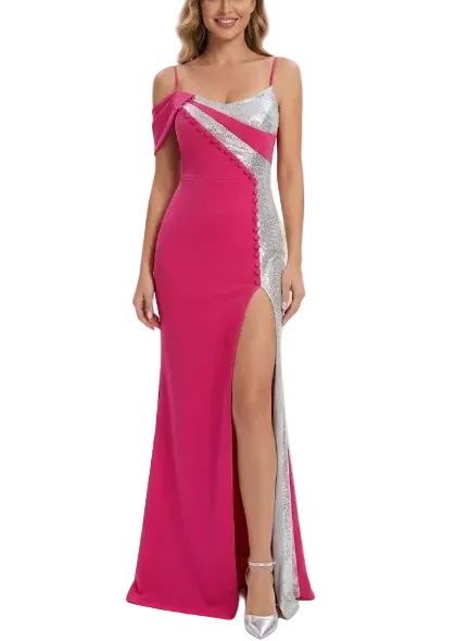 Timeless & Elegant Curve Hot Pink Fuchsia Silver Sequinned Strap Prom Party Dress Long Maxi Evening Dresses for Women B4-DRESS-B336