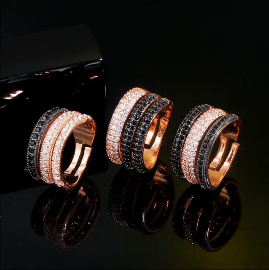 Adjustable Size 3 Layers Black White CZ Stone 585 Rose Gold Color RING RG-08