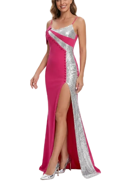 Timeless & Elegant Curve Hot Pink Fuchsia Silver Sequinned Strap Prom Party Dress Long Maxi Evening Dresses for Women B4-DRESS-B336