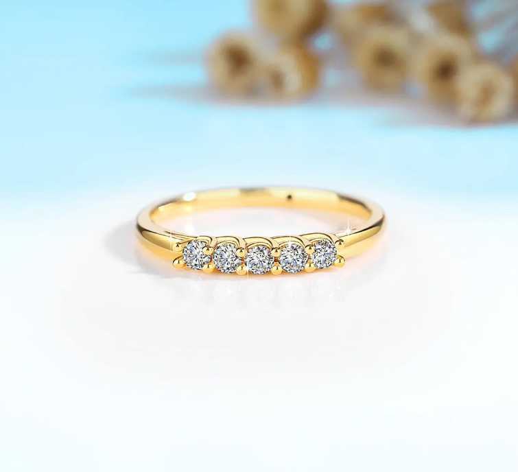Trendy 18K Yellow Gold with 0.3 Carat 5 Moissanite Diamond Studs Ring B1-GR-07