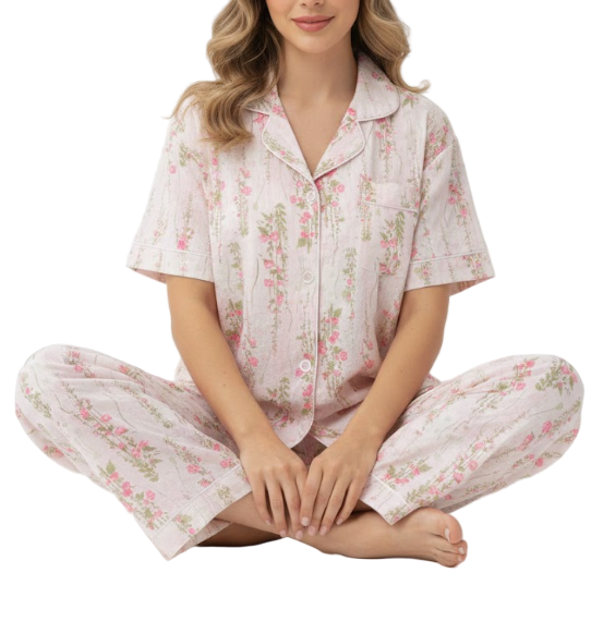 Comfortable Floral Print Clould Cotton Short Sleeve Three Piece Pajamas for Women -B16-PJ-03
