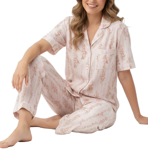 Comfortable Floral Print Clould Cotton Short Sleeve Three Piece Pajamas for Women -B16-PJ-03