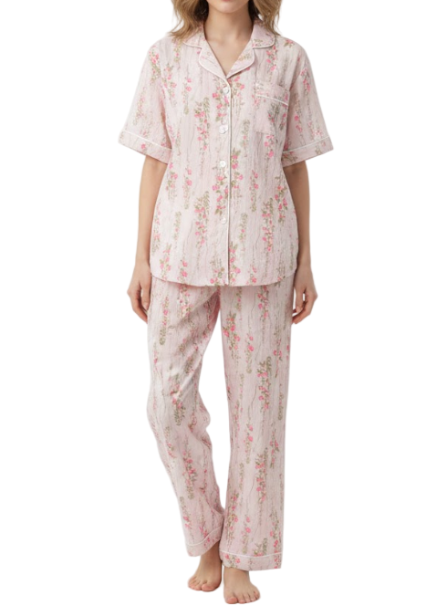 Comfortable Floral Print Clould Cotton Short Sleeve Three Piece Pajamas for Women -B16-PJ-03