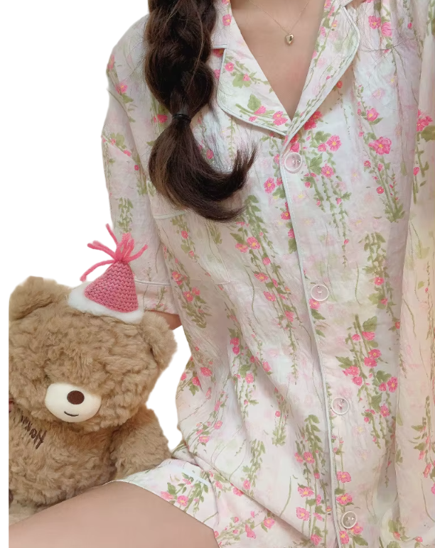 Comfortable Floral Print Clould Cotton Short Sleeve Three Piece Pajamas for Women -B16-PJ-03
