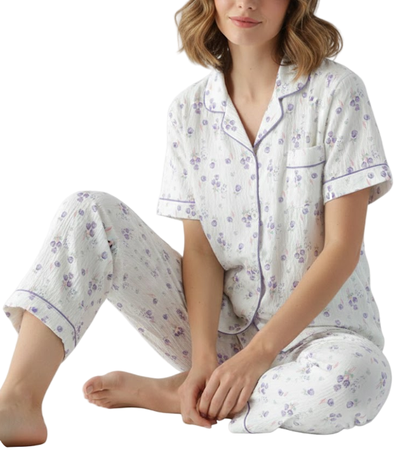 Comfortable Floral Print Cloud Cotton Short Sleeve Pajamas for Women -B16-PJ-04