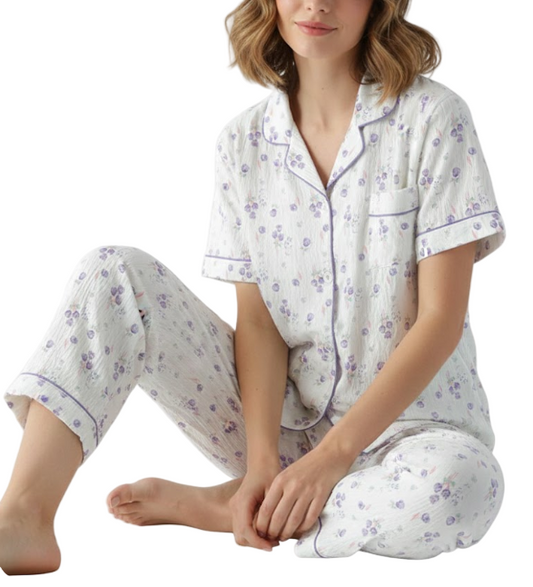 Comfortable Floral Print Cloud Cotton Short Sleeve Pajamas for Women -B16-PJ-04