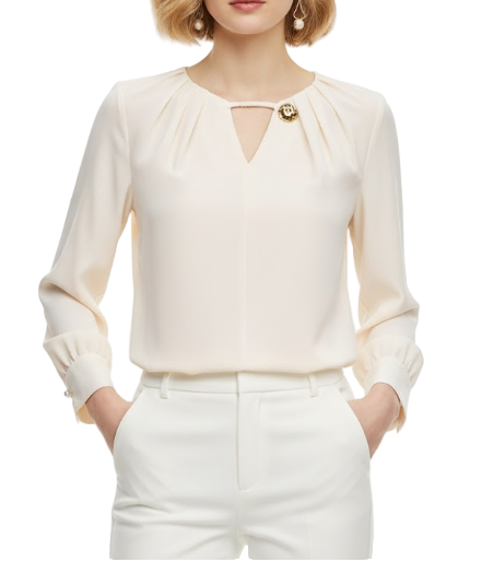 Trendy & Timeless Long Sleeve Elegant  Pleated Neck-line Pullover Blouse  - B13-TOP-07