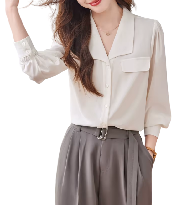 Trendy & Timeless Long Sleeve Front Flap Pocket Button-up Collar Dress Shirts for Women - B15-TOP-29