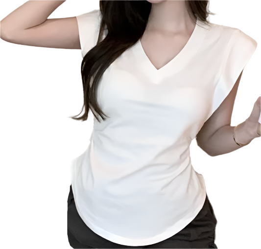 Casual V-neck Slim Waist Short Sleeve Women's T-shirt - B6-TOP-B655