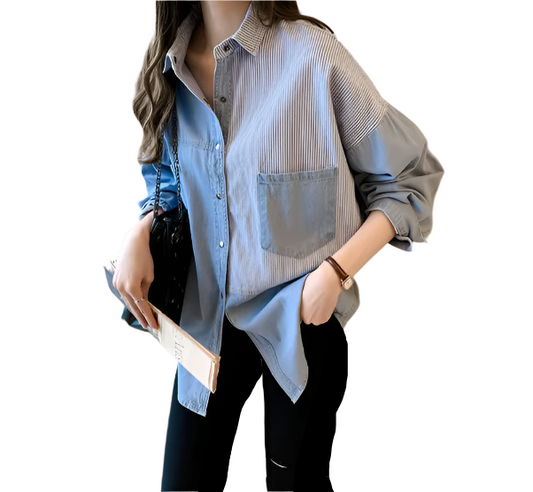 Denim Patchwork Striped Comfortable Women's Shirt TOP-B1-BL-286
