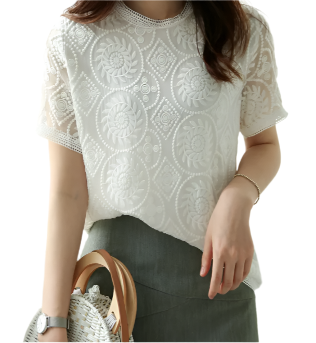 Elegant Embroidered Lace Short Sleeved Women's Blouse Top - B6-TOP-B633