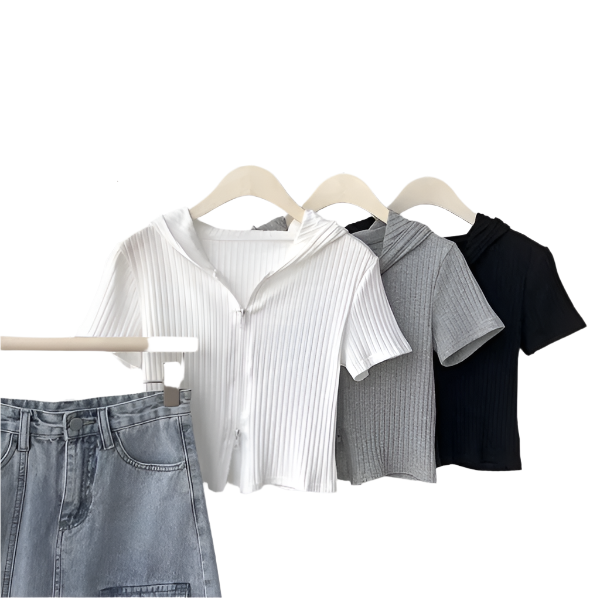 Trendy & Timeless Girl's Hooded Short-sleeve Zip-Up Front Closure Top SHIRT-BL121