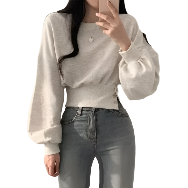 Trendy Round Neck Slim Waist Long Sleeve Pullover Women's Top -B6-TOP-B684