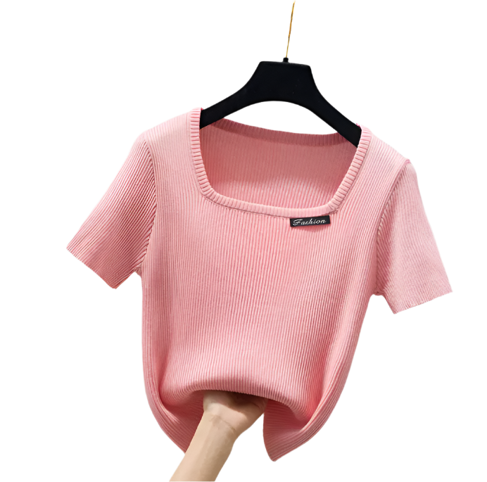 Square Neck Ice Silk Knitted Short Sleeve Women's T-shirt Blouse- B6-TOP-B654