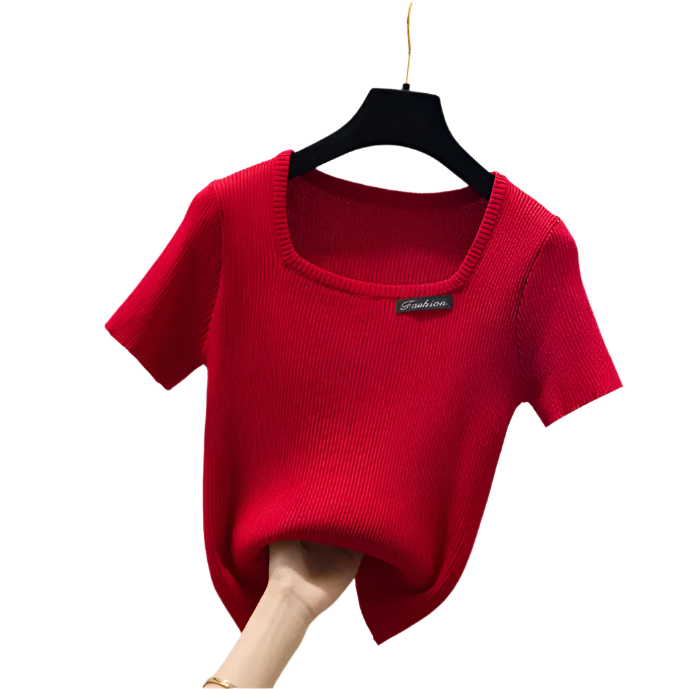 Square Neck Ice Silk Knitted Short Sleeve Women's T-shirt Blouse- B6-TOP-B654