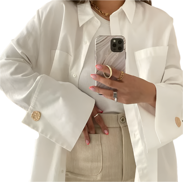 Trendy Double Chest Pockets Long Sleeve White Shirt TOP-B1-BL-238