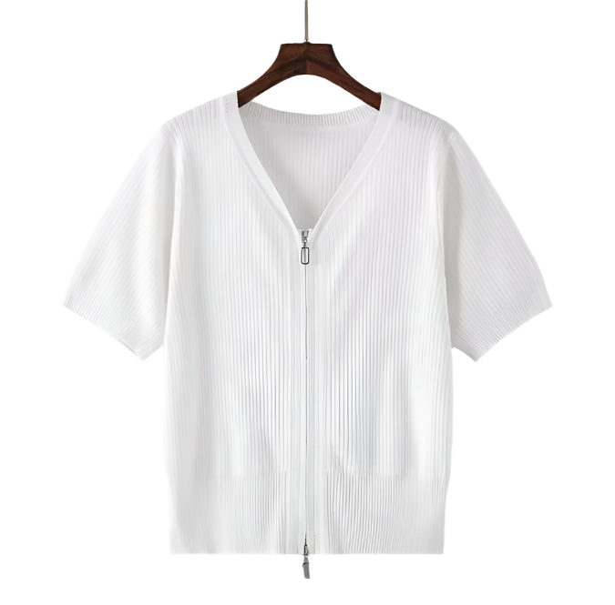 Trendy Double Zipper Short Sleeve Thin Ice Silk Women's Top Blouse  - B6-TOP-B611